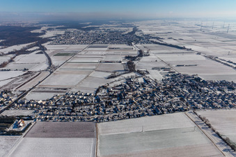 Aerial view of Winter aerial view in the snow in the district Mörlheim in Landau in der Pfalz in the state Rhineland-Palatinate, Germany