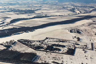 Winter aerial view of Ebenberg airfield in the snow in Landau in der Pfalz in the state Rhineland-Palatinate, Germany
