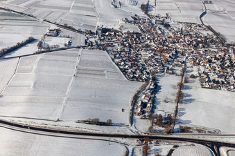 Aerial view of Winter aerial view in the snow in Impflingen in the state Rhineland-Palatinate, Germany