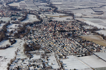 Winter aerial view in the snow Billigheim in the district Billigheim in Billigheim-Ingenheim in the state Rhineland-Palatinate, Germany