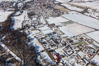 Winter aerial view in the snow industrial area Billigheim in the district Billigheim in Billigheim-Ingenheim in the state Rhineland-Palatinate, Germany