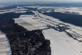 Winter aerial view in the snow Palatino Ranch in Steinweiler in the state Rhineland-Palatinate, Germany