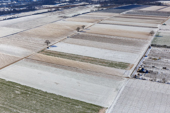 Aerial photograpy of Snow-covered fields in winter in Billigheim-Ingenheim in the state Rhineland-Palatinate, Germany