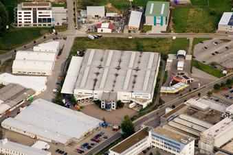 Ittersbach, industrial area in the district Im Stockmädle in Karlsbad in the state Baden-Wuerttemberg, Germany from a drone
