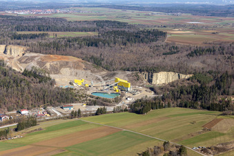 Aerial view of Quarry, Georg Mast gravel works, landfill in the district Sulz am Eck in Wildberg in the state Baden-Wuerttemberg, Germany