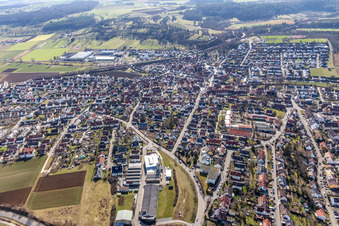 Aerial view of Perouser Straße with Schneider Fensterbau GmbH in the district Malmsheim in Renningen in the state Baden-Wuerttemberg, Germany