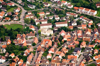 Aerial view of Brunnen Pharmacy in the district Ittersbach in Karlsbad in the state Baden-Wuerttemberg, Germany