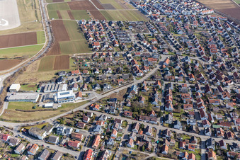 Oblique view of Perouser Straße with Schneider Fensterbau GmbH in the district Malmsheim in Renningen in the state Baden-Wuerttemberg, Germany