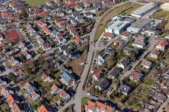 Perouser Straße with Schneider Fensterbau GmbH in the district Malmsheim in Renningen in the state Baden-Wuerttemberg, Germany from the plane