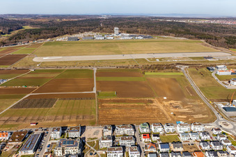 Aerial photograpy of Robert Bosch GmbH Center for Research at the Airport Malmsheim in the district Malmsheim in Renningen in the state Baden-Wuerttemberg, Germany