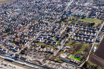Aerial view of View of the town from the north beyond the station in Renningen in the state Baden-Wuerttemberg, Germany