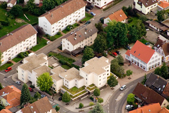 Brunnen Pharmacy in the district Ittersbach in Karlsbad in the state Baden-Wuerttemberg, Germany seen from above