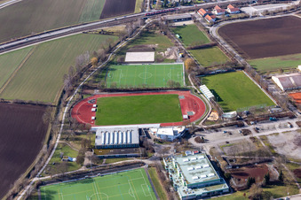 Stegwiesen Sports Park with Rankbach Stadium and Rankbach Hall from the east in Renningen in the state Baden-Wuerttemberg, Germany