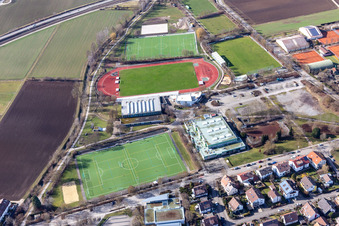 Aerial view of Stegwiesen Sports Park with Rankbach Stadium and Rankbach Hall from the east in Renningen in the state Baden-Wuerttemberg, Germany