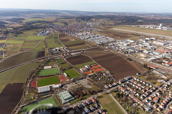 Aerial photograpy of Stegwiesen Sports Park with Rankbach Stadium and Rankbach Hall from the east in Renningen in the state Baden-Wuerttemberg, Germany