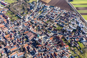 Overview of the town from the east with St. Peter's Church in Renningen in the state Baden-Wuerttemberg, Germany