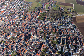 Aerial view of Overview of the town from the east with St. Peter's Church in Renningen in the state Baden-Wuerttemberg, Germany