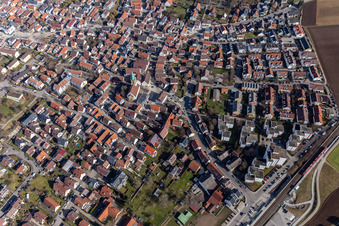 Overview of the town from the southeast with St. Peter's Church in Renningen in the state Baden-Wuerttemberg, Germany