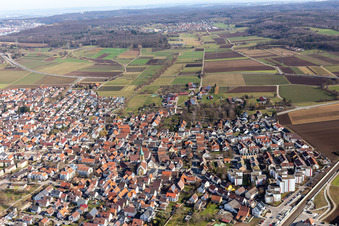 Aerial photograpy of Overview of the town from the east with St. Peter's Church in Renningen in the state Baden-Wuerttemberg, Germany