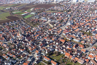 Aerial photograpy of Overview of the town from the southeast with St. Peter's Church in Renningen in the state Baden-Wuerttemberg, Germany