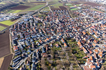 Overview of the town from the east from the cemetery to St. Peter's Church in Renningen in the state Baden-Wuerttemberg, Germany