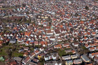 View of the town from the south with St. Peter's Church in Renningen in the state Baden-Wuerttemberg, Germany