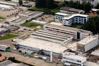 Drone image of Ittersbach, industrial area in the district Im Stockmädle in Karlsbad in the state Baden-Wuerttemberg, Germany