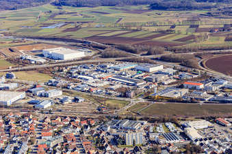 Industrial area beyond the railway line with NORDFROST GmbH & Co. KG and Reinke International GmbH & Co.KG in Gärtringen in the state Baden-Wuerttemberg, Germany