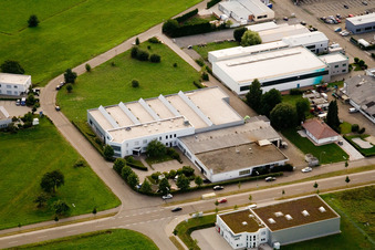 Aerial view of Ittersbach, industrial area in the district Im Stockmädle in Karlsbad in the state Baden-Wuerttemberg, Germany