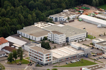 Oblique view of Ittersbach, industrial area in the district Im Stockmädle in Karlsbad in the state Baden-Wuerttemberg, Germany