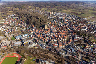Aerial view of Historic old town from the west in Herrenberg in the state Baden-Wuerttemberg, Germany