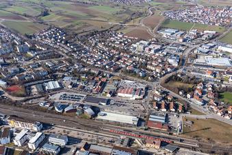 Aerial view of Railroad station in Herrenberg in the state Baden-Wuerttemberg, Germany