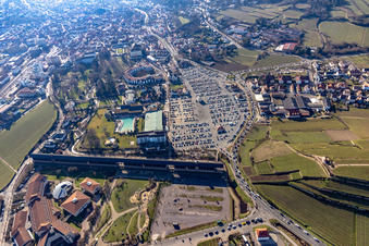 Aerial view of Graduation building, Salinarium leisure pool in the district Pfeffingen in Bad Dürkheim in the state Rhineland-Palatinate, Germany