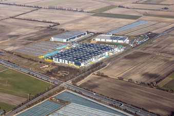 Aerial view of Building complex and grounds of the logistics center of Amazon Logistik Frankenthal GmbH in Frankenthal in the state Rhineland-Palatinate, Germany