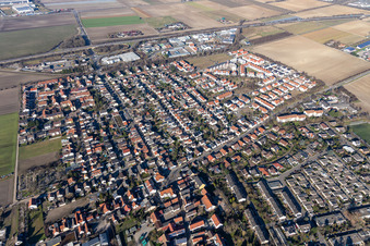 Aerial view of Oggersheimer Straße in the district Ruchheim in Ludwigshafen am Rhein in the state Rhineland-Palatinate, Germany