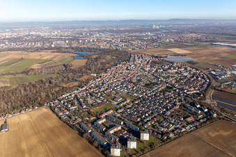 Town View of the streets and houses of the residential areas in the district Maudach in Ludwigshafen am Rhein in the state Rhineland-Palatinate, Germany
