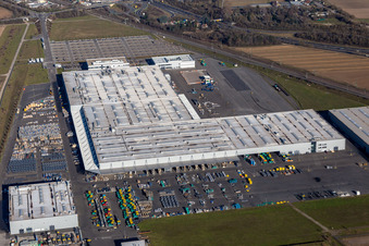 Aerial photograpy of Buildings and production halls on the vehicle construction site of Joseph Voegele AG in the district Rheingoenheim in Ludwigshafen am Rhein in the state Rhineland-Palatinate, Germany