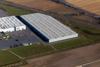 Oblique view of Buildings and production halls on the vehicle construction site of Joseph Voegele AG in the district Rheingoenheim in Ludwigshafen am Rhein in the state Rhineland-Palatinate, Germany