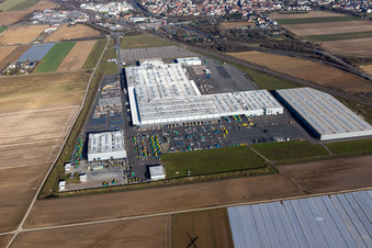 Buildings and production halls on the vehicle construction site of Joseph Voegele AG in the district Rheingoenheim in Ludwigshafen am Rhein in the state Rhineland-Palatinate, Germany from above