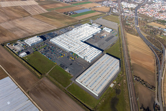 Buildings and production halls on the vehicle construction site of Joseph Voegele AG in the district Rheingoenheim in Ludwigshafen am Rhein in the state Rhineland-Palatinate, Germany out of the air
