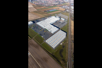 Buildings and production halls on the vehicle construction site of Joseph Voegele AG in the district Rheingoenheim in Ludwigshafen am Rhein in the state Rhineland-Palatinate, Germany seen from above