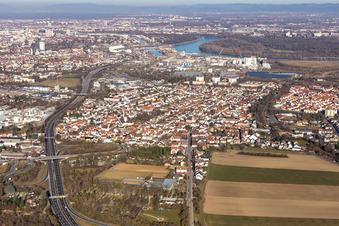 Aerial view of Town View of the streets and houses of the residential areas in the district Rheingoenheim in Ludwigshafen am Rhein in the state Rhineland-Palatinate, Germany