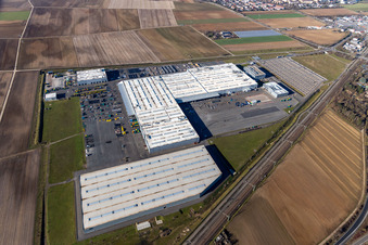 Buildings and production halls on the vehicle construction site of Joseph Voegele AG in the district Rheingoenheim in Ludwigshafen am Rhein in the state Rhineland-Palatinate, Germany from the plane