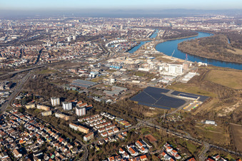 Aerial photograpy of Industrial and commercial area in the district Rheingoenheim in Ludwigshafen am Rhein in the state Rhineland-Palatinate, Germany
