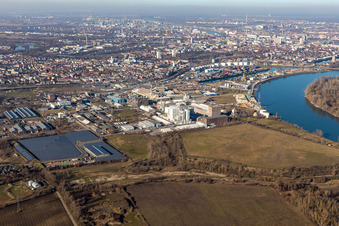 Oblique view of Industrial and commercial area in the district Rheingoenheim in Ludwigshafen am Rhein in the state Rhineland-Palatinate, Germany