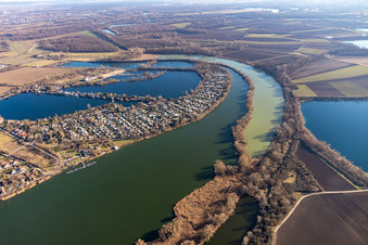 Riparian areas on the lake area of Blaue Adria and the old rhine of Neuhofen with leisure area in Altrip in the state Rhineland-Palatinate
