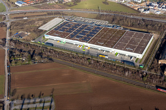 Building complex and grounds of the logistics center DD Logistik Vertriebs GmbH and DECATHLON Schwetzingen in Schwetzingen in the state Baden-Wuerttemberg, Germany