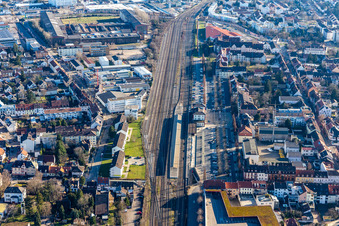Aerial view of Railroad station in Schwetzingen in the state Baden-Wuerttemberg, Germany