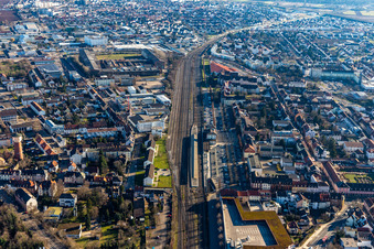 Aerial photograpy of Railroad station in Schwetzingen in the state Baden-Wuerttemberg, Germany