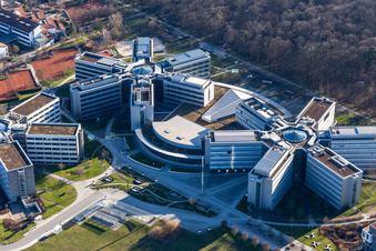 Oblique view of Star-shaped office buildings of the SAP Deutschland SE & Co. KG at the forest edged in Walldorf in the state Baden-Wuerttemberg
